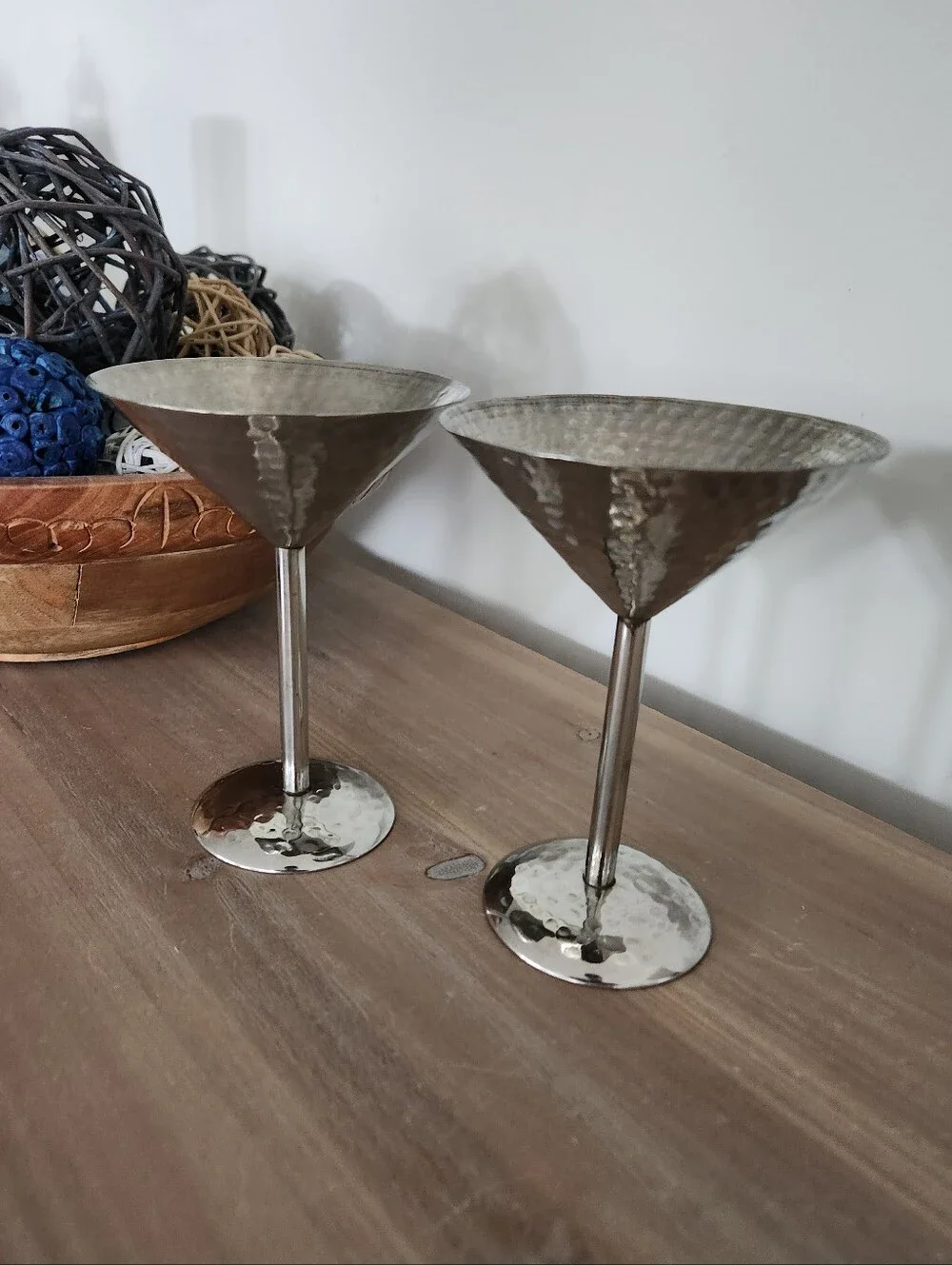 Pair of Hammered Silver Tone Metal Martini Glasses Cocktail Barware 6-Inch Tall